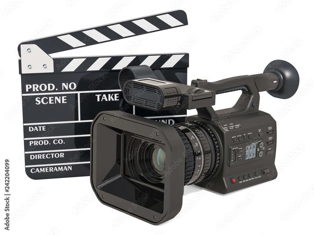 Cinema concept. Professional video camera with clapperboard, 3D rendering - obrazy, fototapety, plakaty 