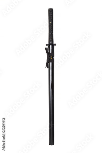 Japanese straight sword steel fitting and black cord with shiny black scabbard on white background.