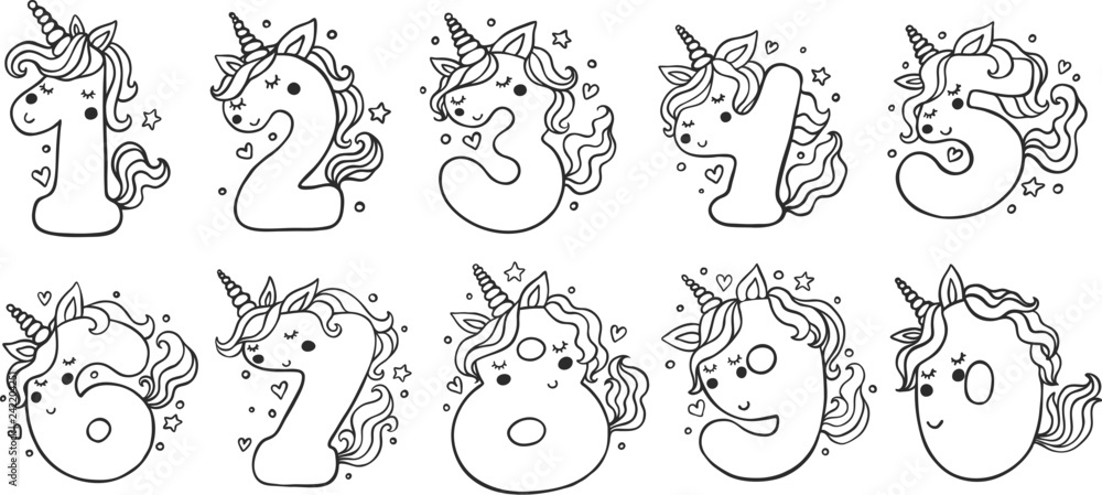 Obraz premium Numbers With Cute Unicorns Character Vector Set