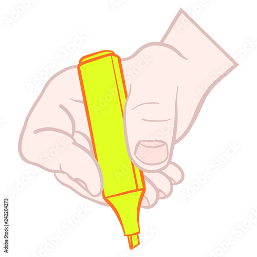Male hand of a white man holding a yellow highlighter in different positions. Vector graphic, geb, isolated.