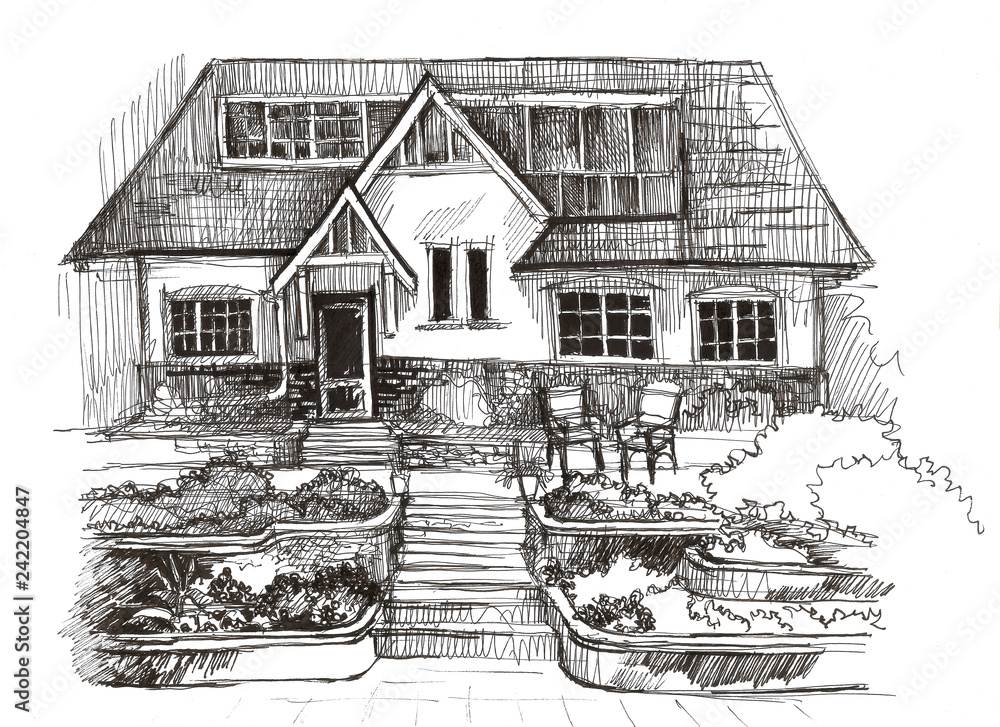 Drawing House Garden Cottage The View From The Top Landscape Design  Project The Path To The House Stock Photo Picture And Royalty Free  Image Image 104289205