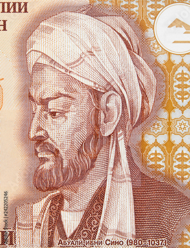Avicenna or Ibn Sina on Tajikistan 20 somoni banknote close up. Great muslim physician, father of early modern medicine.. photo