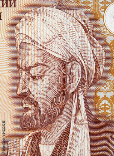 Avicenna or Ibn Sina on Tajikistan 20 somoni banknote close up. Great muslim physician, father of early modern medicine.. photo