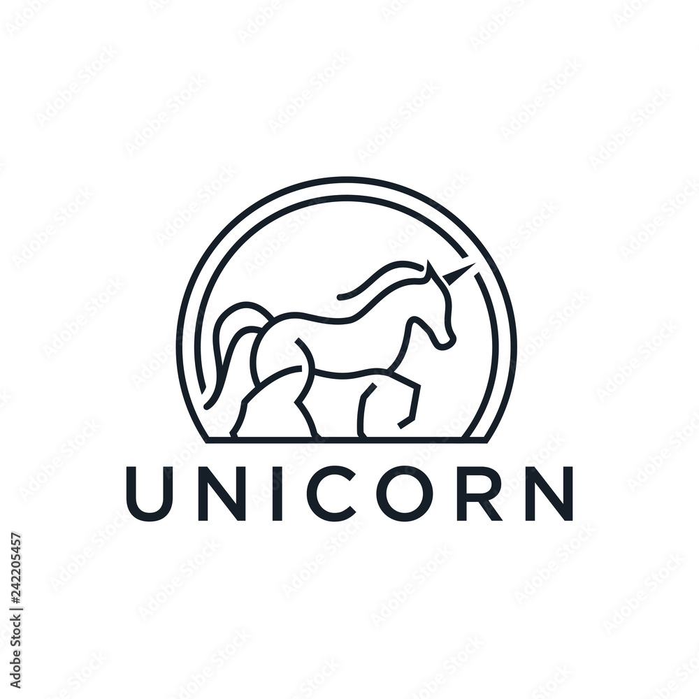 Obraz premium Black outline silhouette unicorn logo design concept in the form of circle, suitable for company logo that require simple
