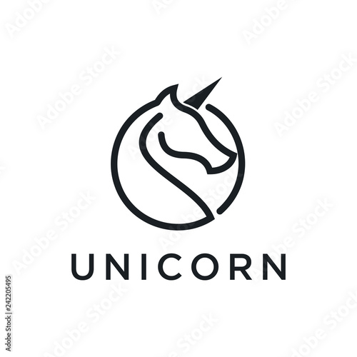Black outline silhouette unicorn logo design concept in the form of circle, suitable for company logo that require simple