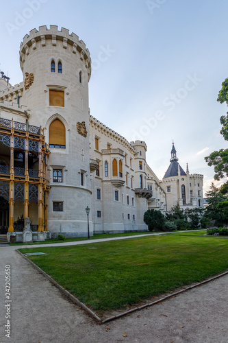 back view of beautiful white renaissance state castle castle Hluboka nad Vltavou, one of most beautiful castles in the Czech Republic