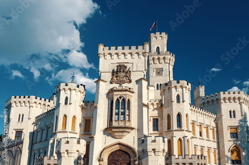 front view of beautiful white renaissance state castle castle Hluboka nad Vltavou, one of most beautiful castles in the Czech Republic
