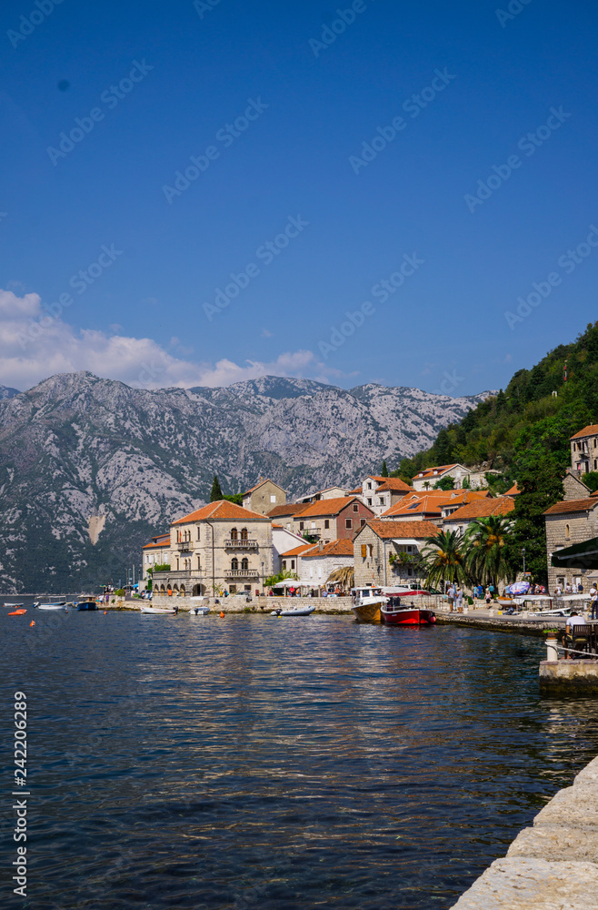 Beautiful view of the embankment of Perast, on the coast of Kotor Bay in Montenegro. September 22, 2018