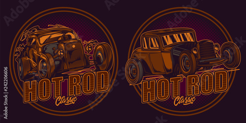 Vector emblem with American classic hot rods in retro style.