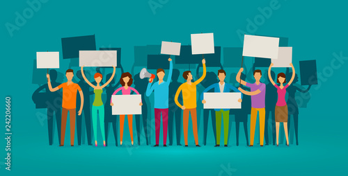 Crowd of people with placards on demonstration. Manifestation, protest concept. Cartoon vector illustration