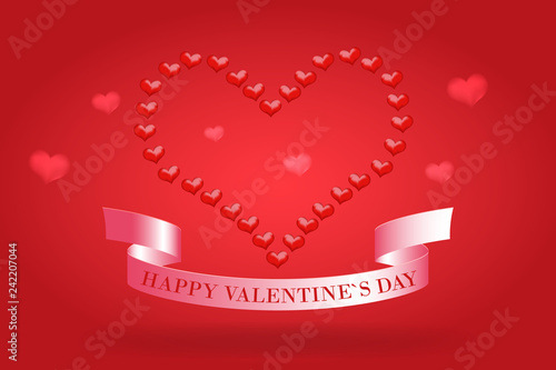 The red hearts and a pink ribbon with the inscription of a happy Valentine's Day on a burgundy background.