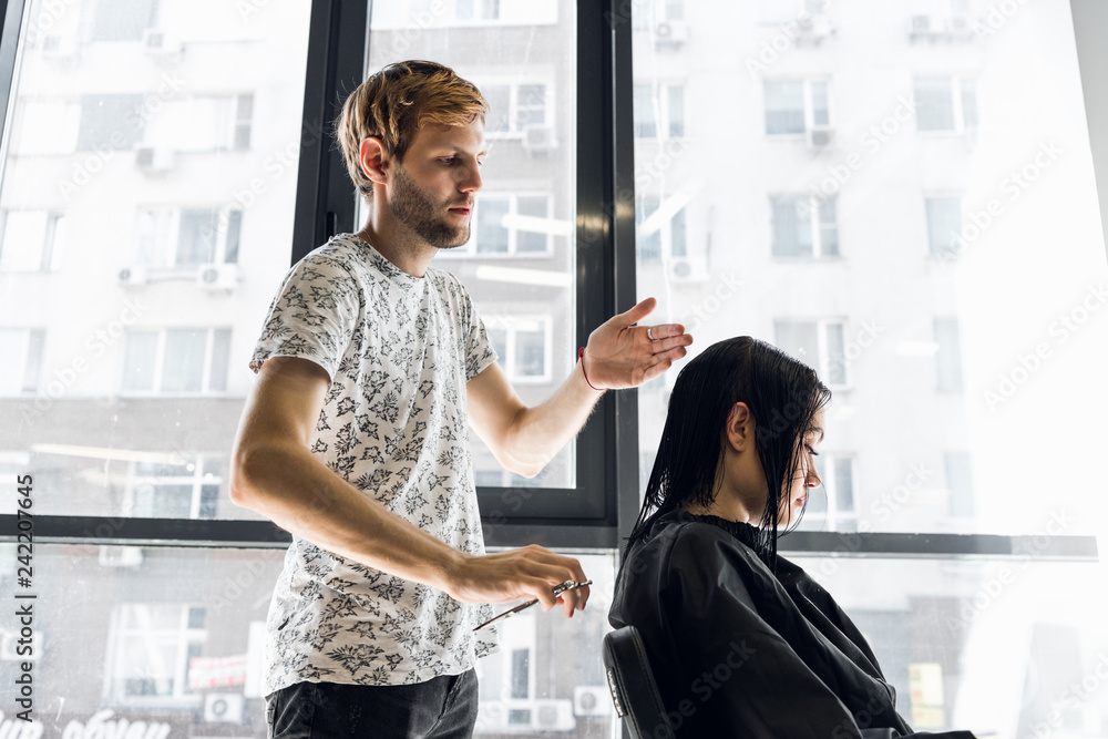 Young beautiful woman having her hair cut at the hairdresser's. Young male hairdresser smiling and making hairstyle to the customer. Young beautiful woman having her hair cut at the hairdresser's. Young male hairdresser smiling and making hairstyle to the customer.