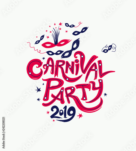 Wallpaper Mural Carnival Party 2019. Title with Masks, ribbons and stars. Vector themed logo Carnival 2019. Torontodigital.ca