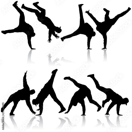 Black set Silhouettes breakdancer on a white background