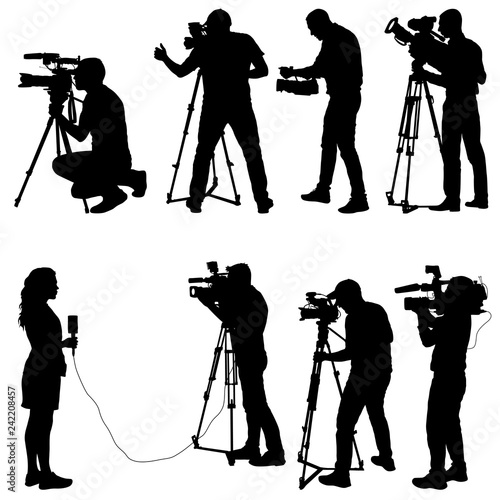 Set cameraman with video camera. Silhouettes on white background