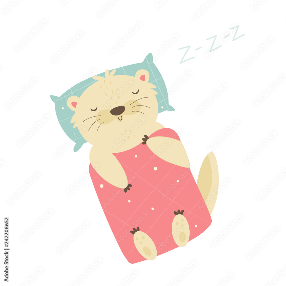 Cute otter sleeping on pillow under the blanket Cute otter sleeping on pillow under the blanket