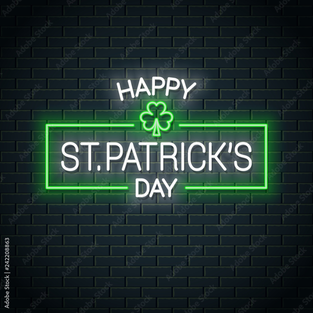 Patrick day neon banner. Patrick clover neon sign Patrick day neon banner. Patrick clover neon sign