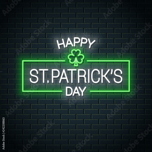 Patrick day neon banner. Patrick clover neon sign