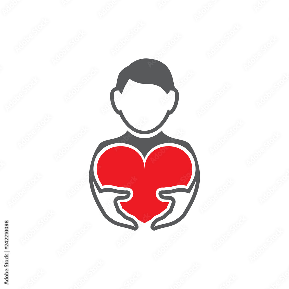 Vector illustration an avatar of the young man who holds red heart. Set ...