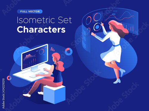 People work and interacting with graphs, icons and devices. Data analysis and office situations. 3D Isometric vector illustration set. Mobile application and website header images on dark background.