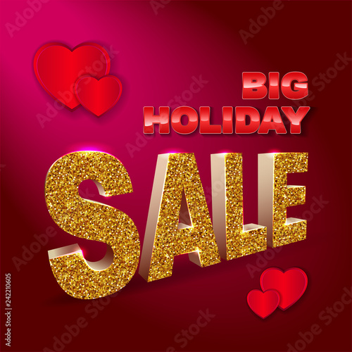 3d inscription a big holiday sale to Valentine's day with hearts and golden sparkles