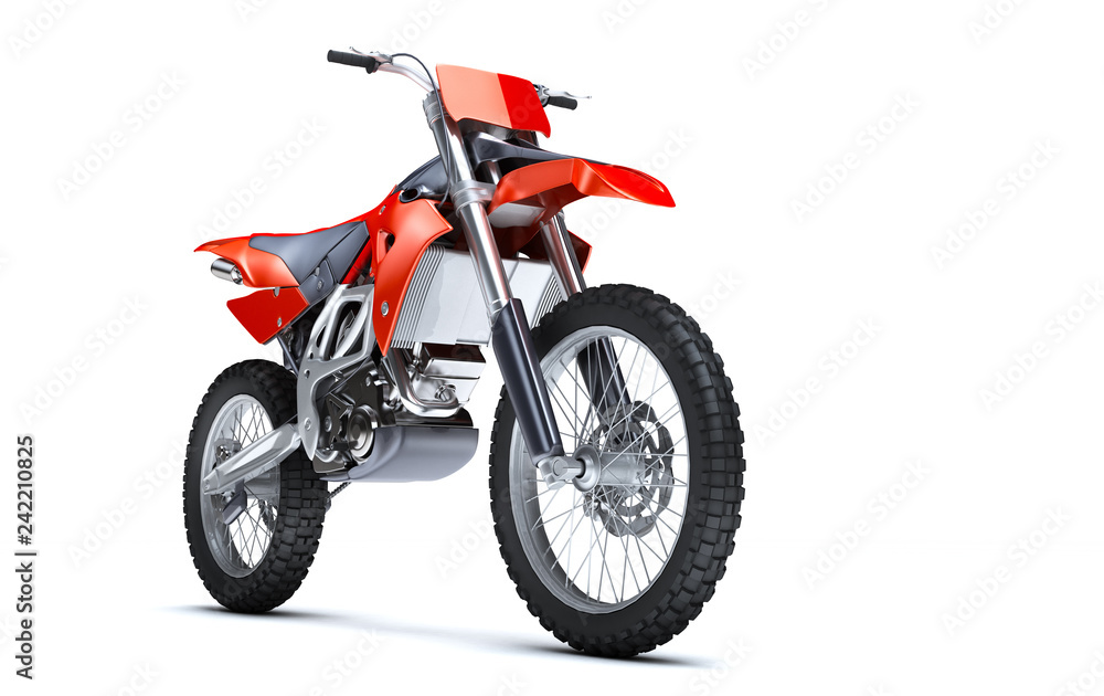 Fototapeta premium 3D illustration of red glossy sports motorcycle isolated on white background. Perspective. Front side view. Low angle