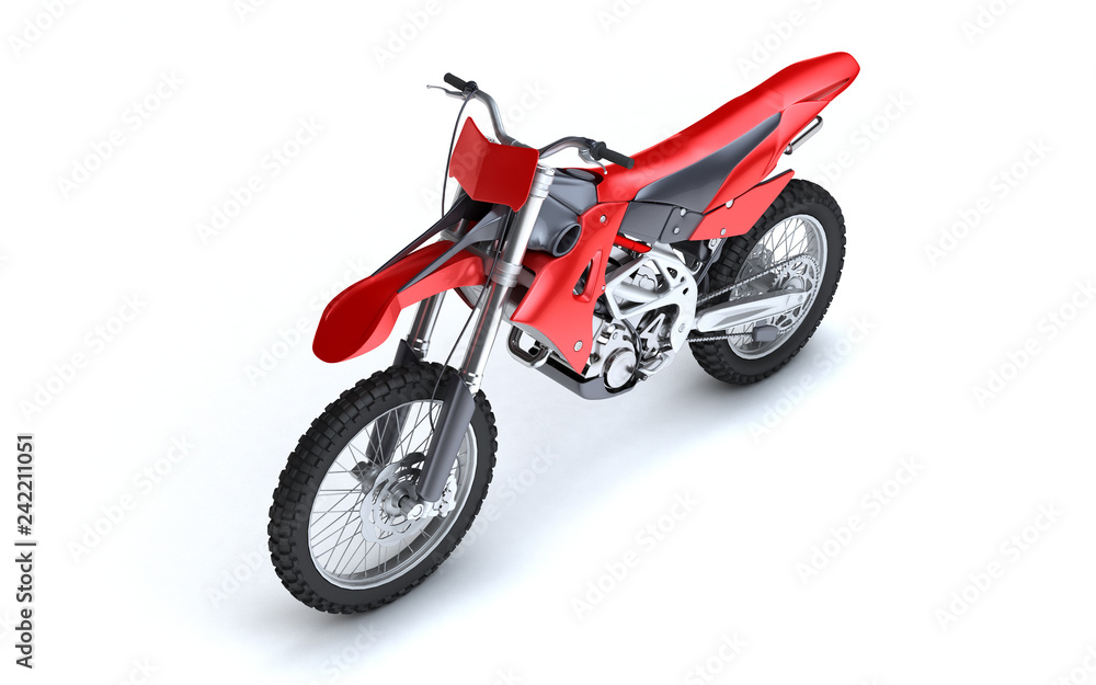 3D illustration of red glossy sports motorcycle isolated on white background. Perspective. Front side view. High angle view. Left side
