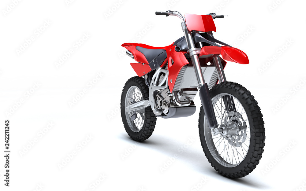Fototapeta 3D illustration of red glossy sports motorcycle isolated on white background. Perspective. Front side view. Right side.