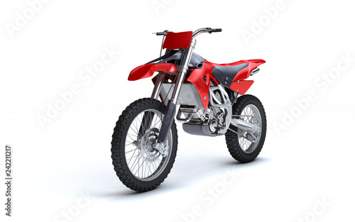 3D illustration of red glossy sports motorcycle isolated on white background. Perspective. Front side view. Left side. High angle.