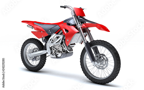 3D illustration of red glossy sports motorcycle isolated on white background. Perspective. Right side view.