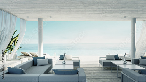 Beach living lounge - ocean villa seaside & sea view for vacation and summer / 3d render interior © tontectonix