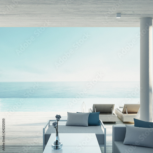 Beach living lounge - ocean villa seaside & sea view for vacation and summer / 3d render interior