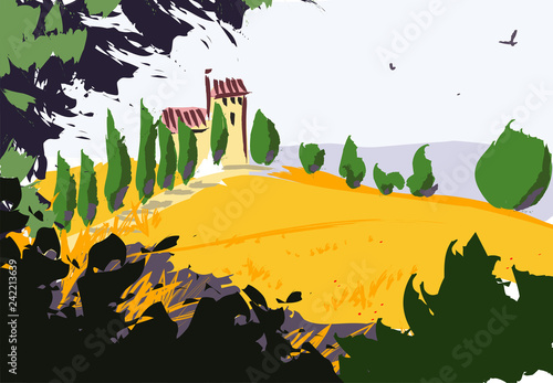 Tuscany rural landscape, traditional Tuscan villa and Italian Cypress trees