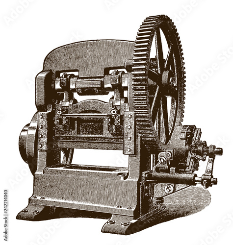 Historical pressing and punching machine after an etching or an engraving from the 19th century