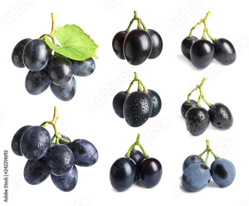 Set with fresh grapes on white background