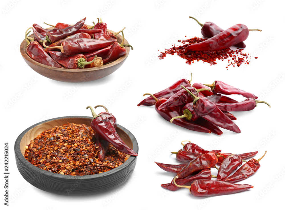 Set with dry chili peppers on white background