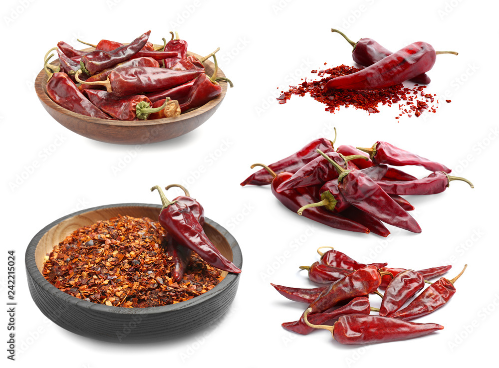 Set with dry chili peppers on white background Set with dry chili peppers on white background