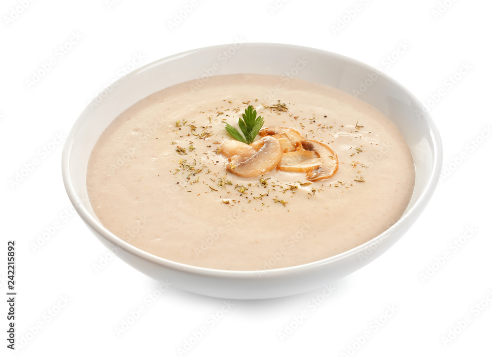 Dish with mushroom cream soup on white background. Healthy food Dish with mushroom cream soup on white background. Healthy food
