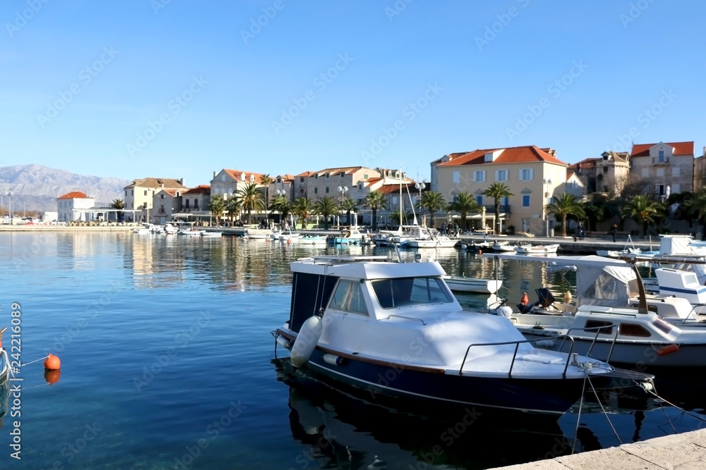 Small boats in a port of Supear, town on island Brac, Croatia.