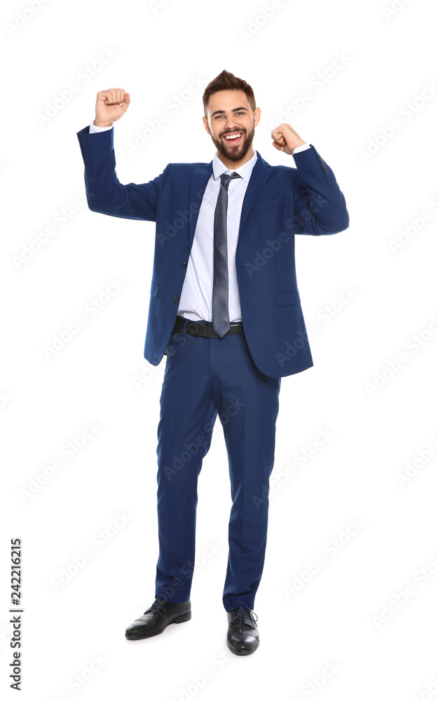 Happy young businessman celebrating victory on white background Happy young businessman celebrating victory on white background