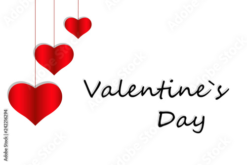 Three red hearts on laces against white background