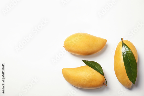 Composition with fresh mango fruits on white background, top view. Space for text