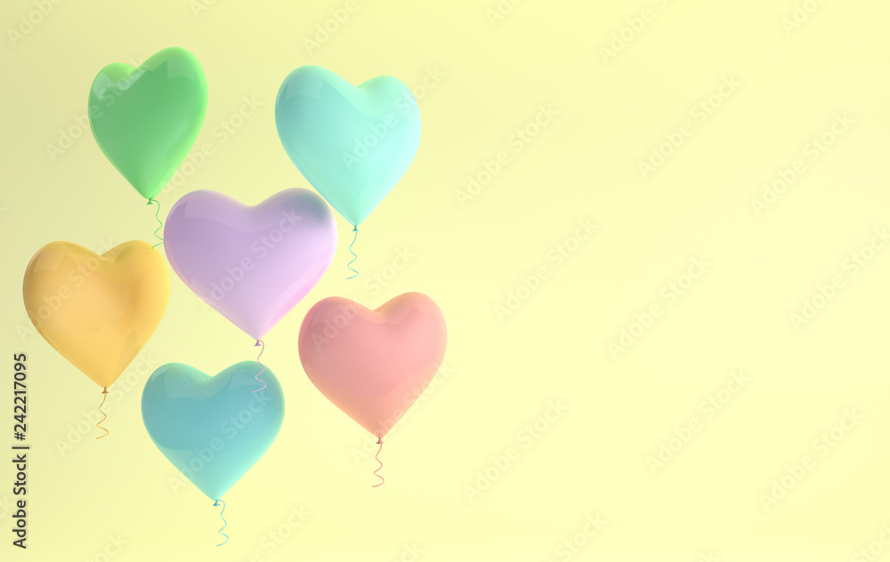 3d render illustration of realistic colorful glossy heart balloon on yellow background. Valentine's Day romantic elegant 14 february card. For party, promotion social media banners, posters.