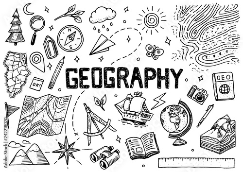Set of geography symbols. Equipments for web banners. Vintage outline sketch for web banners. Doodle style. Education concept. Back to school background. Hand drawn style.