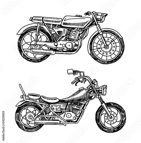 Vintage motorcycles. Collection of bicycles. Extreme Biker Transport. Retro Old Style. Hand drawn Engraved Monochrome Sketch.