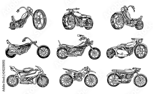 Set of Vintage motorcycles. Collection of bicycles. Extreme Biker Transport. Retro Old Style. Hand drawn Engraved Monochrome Sketch.