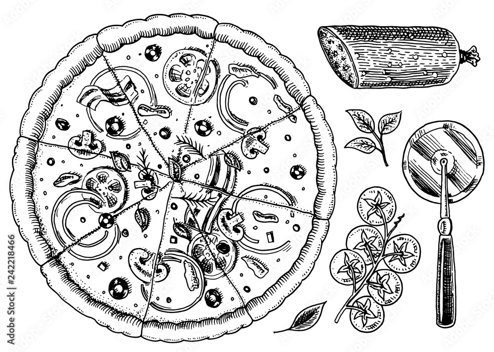 Slice of pizza with cheese. yummy italian vegetarian food with tomatoes, olives and eggplant. Label for restaurant menu. Hand drawn template. Vintage sketch style.