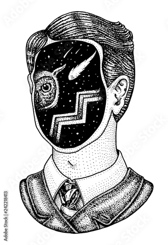 Double exposure. Space in a man. Detective gentleman in a jacket or Abstract man. Stars and planets instead of faces. Hand drawn Vintage sketch for pin. Engraved Monochrome style.