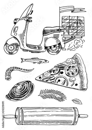 Set of Pizza delivery and ingredients for cooking. Scooter Motorcycle or transport, Rolling pin Seafood. Hand drawn template for restaurant menu. Vintage sketch Doodle style.