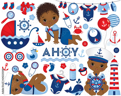 Vector African American Baby Boy Set in Nautical Style. African American Baby Boy Vector Illustration